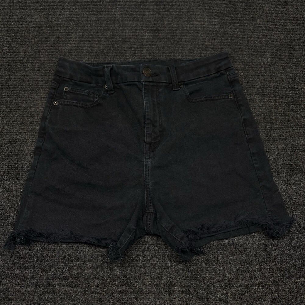 American Eagle Curvy Hi-Rise Shortie Denim Shorts Women's Size 10 Black Raw Hem